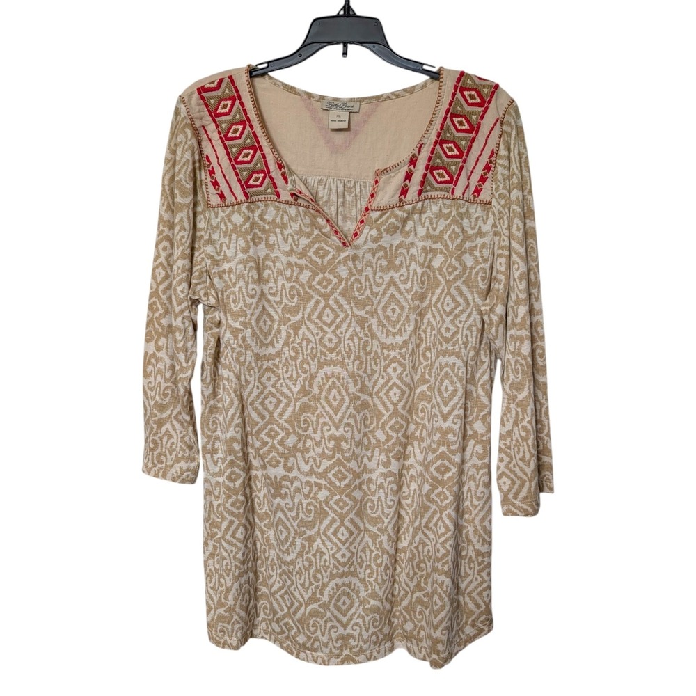 Lucky Brand Womens Boho Embroidered Split Neck Tunic‎ Top Tan Ikat Print XL